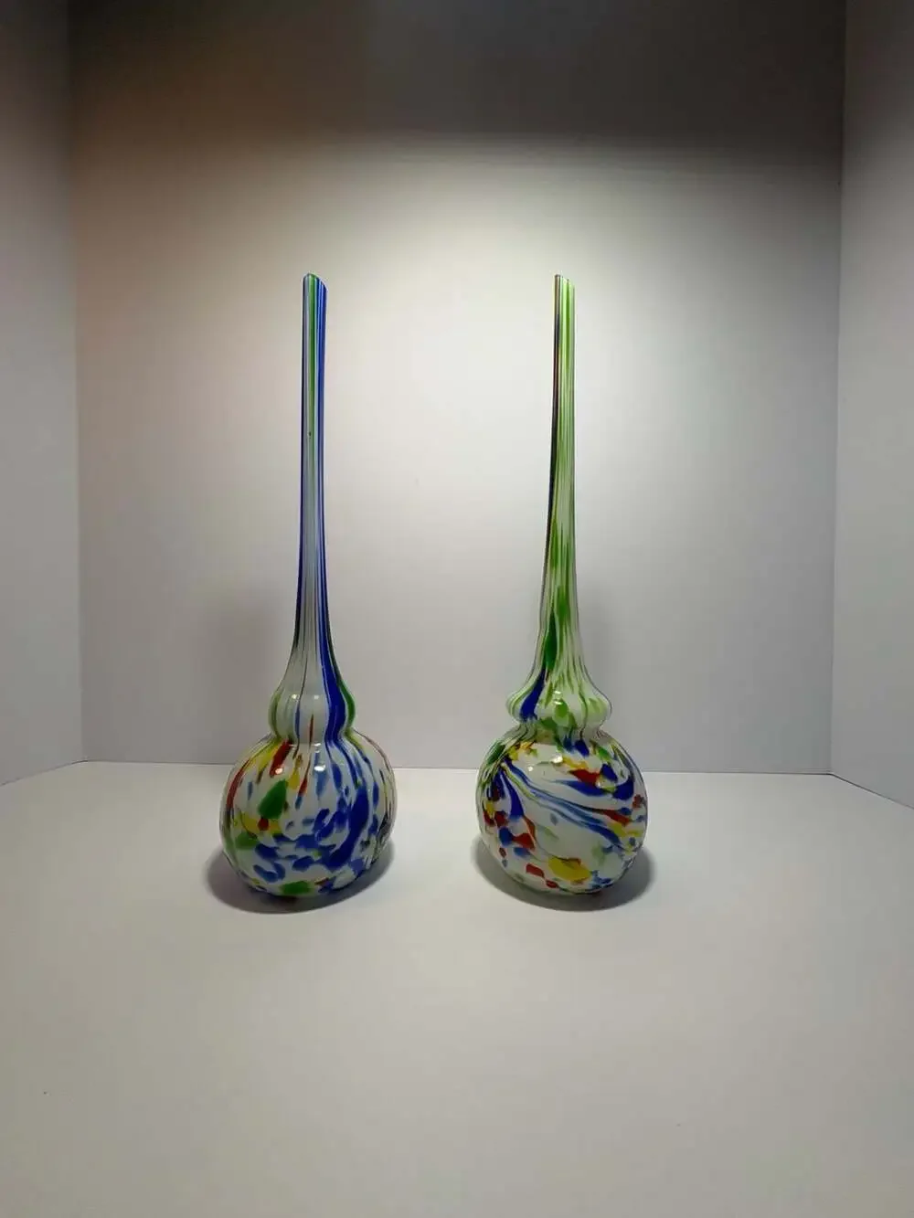 Vintage Hand Blown Glass Long Neck Bulb Vases Multi Color Confetti Ribbon Pair